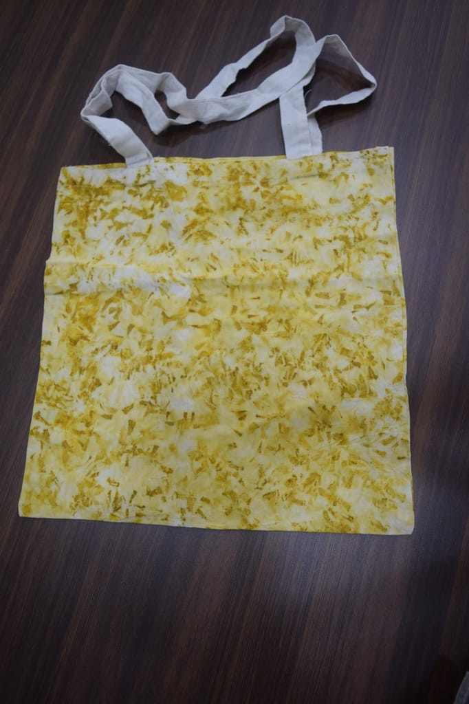 TULIP Traditional Artisians' Upliftment Livelihood Program Reusable Tote Bag, Yellow Floral Pattern, White Handles, Shopping Bag view 2