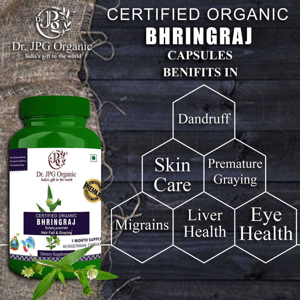 Dr JPG Organic Herbals c Bhringraj Capsules For Hair Fall & Graying 500mg 120 Veg. Capsules/Eclipta prostrata/INDIA ORGANIC Certified. view 2