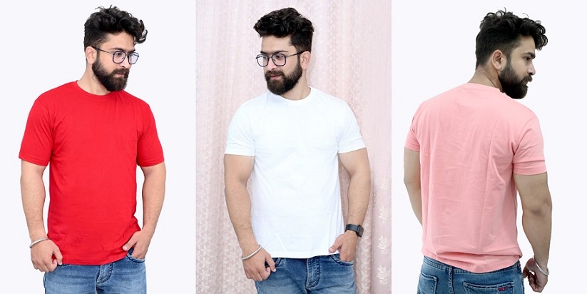 Tru Threads Solid Premium T-Shirt 3 Pcs Combo - White, Red, Peach (Size-M)