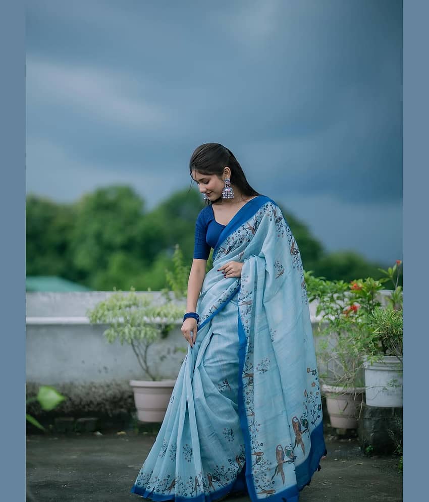 Villagius Cotton Printed Maheshwari Saree With Unstitched Blouse Piece ( Light Blue )