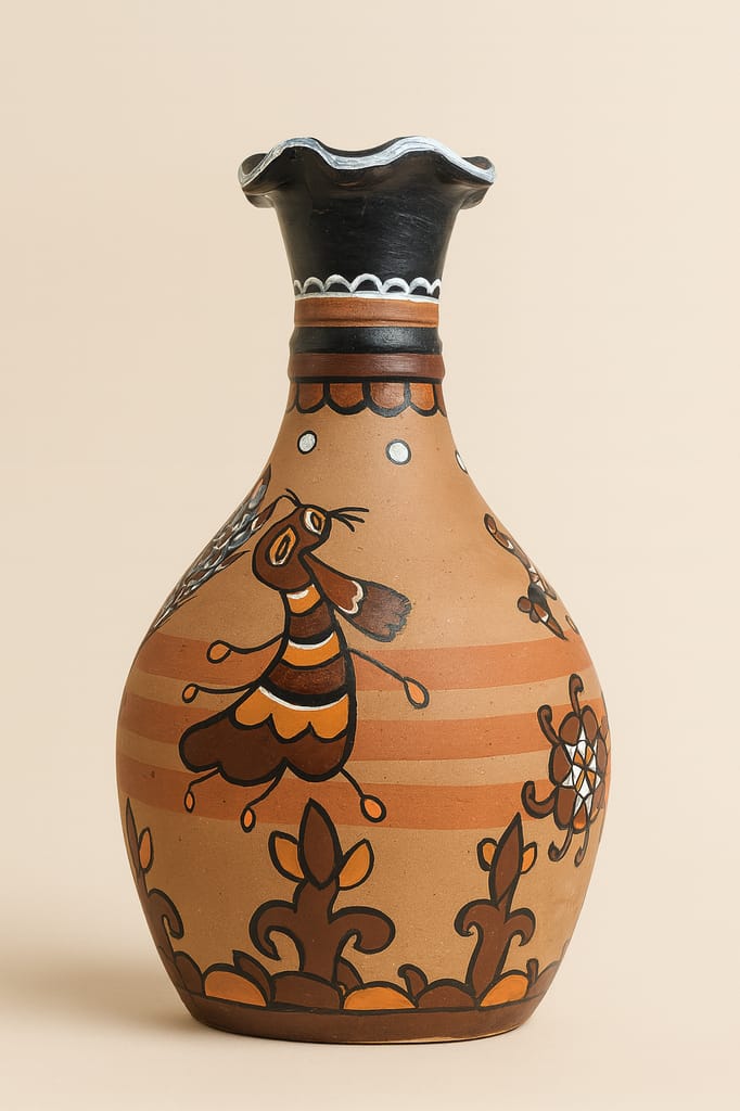Hand-Painted Clay Vase with Folk Art Bird Design view 2