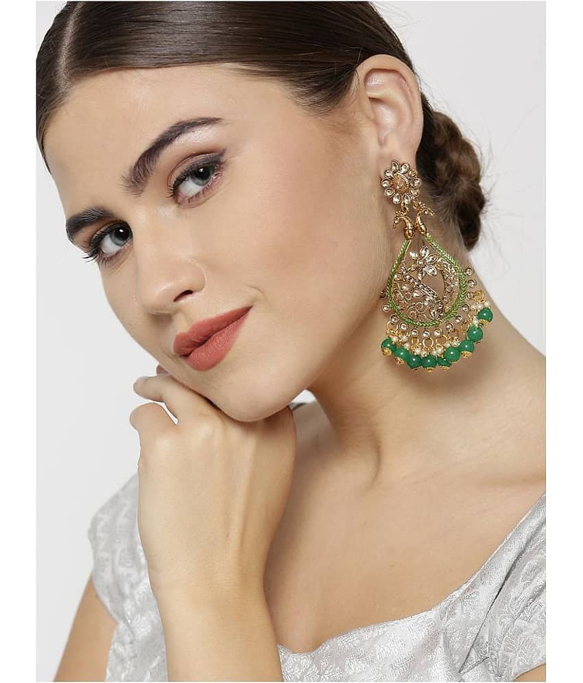 Priyaasi Designer Gold-Plated Stone-Studded Peacock Inspired Green Earrings For Women view 2