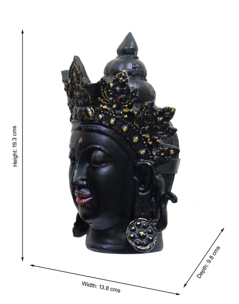 COPPERHOARD Black Gold Resin Tara Devi Goddess Tara Meditating Buddha Head Statue with Beautiful Smile and Crown for Home Decor and Gifting. view 2