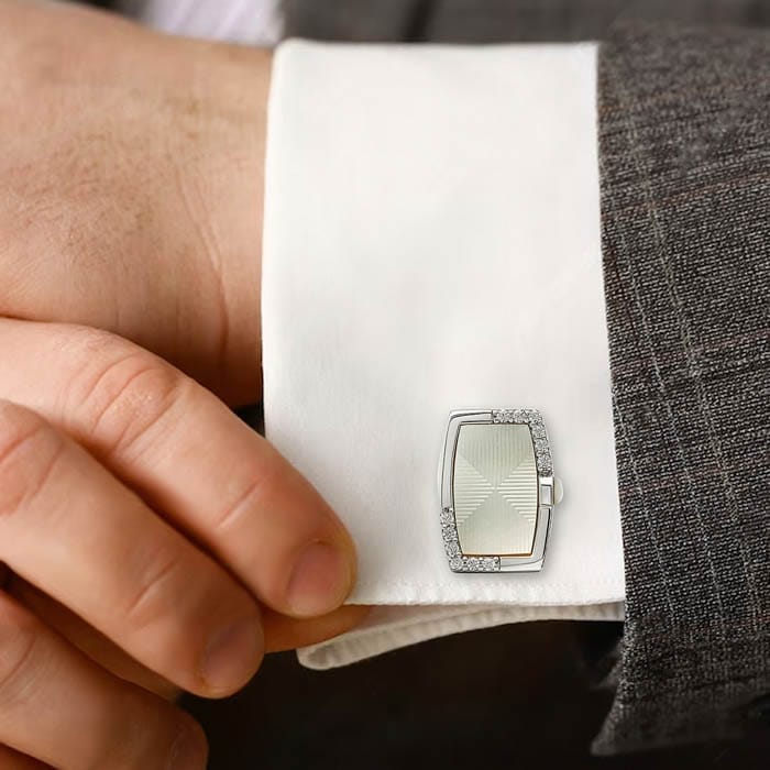 Silver Rectangle Moonlit Pearl (MOP) Limited Edition Cufflinks view 2