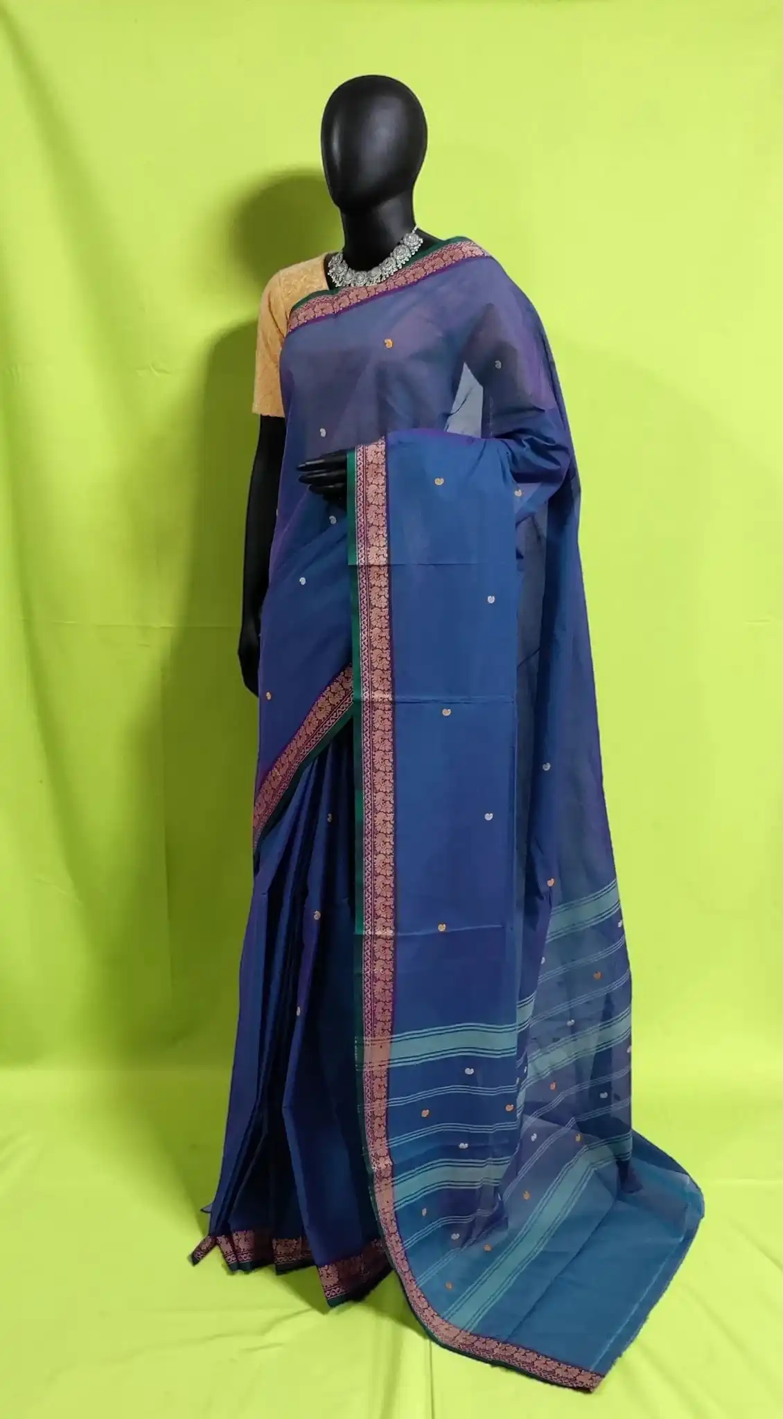 Handwoven Kanchipuram Cotton-Silk Saree in Deep Blue with Golden Border view 2