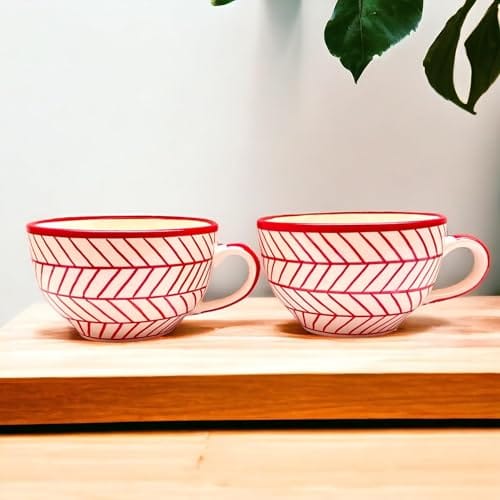 STOREPEDIA Handmade Red Striped Ceramic Coffee Mug Cup Set of 6, 400ml Microwave Dishwasher Safe, Coffee Soup Tea Chai Milk Mugs, Cup for Daily, Office, Gift Multipurpose Use Jumbo Large Size view 2