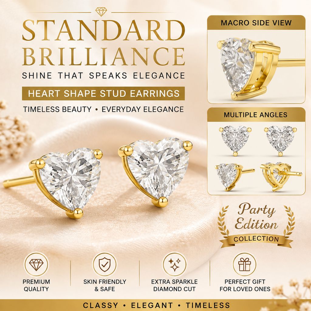 Classic Heart Cut American Diamond Stud Earrings for Women & Girls Diamond Like 18K Gold Plated Solitaire Studs Earrings, Sparkling Prong Heart Shaped Jewelry for girls kids, Teen Girls For Everyday & Party Wear Pair of 1 view 2