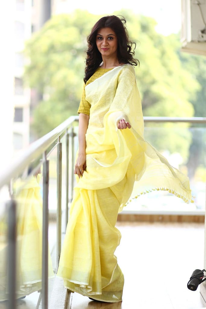 Pure Organic Linen Saree – Yellow view 2