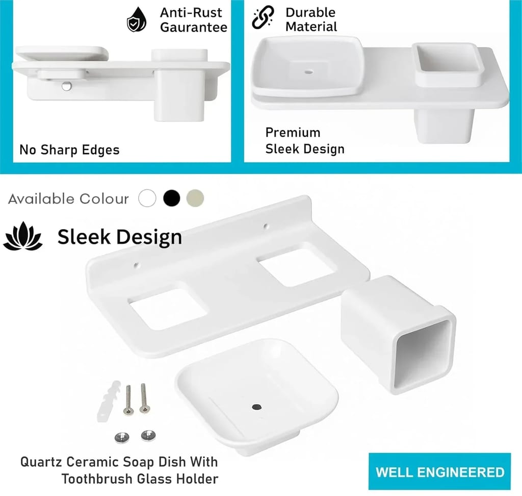 White Soap Dish with Toothbrush Holder Unbreakable Abs Rectangular Ceramic Finish (RW-114) view 2