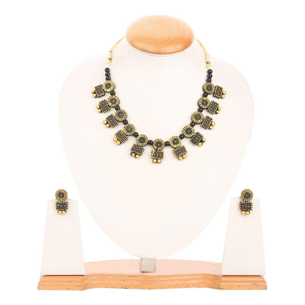 EKAM EK small leaf shape necklace with earrings for women and girls for saree suit and skirts ideal for casual and formal wear black view 2