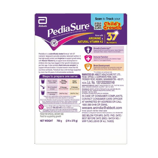 PediaSure Kids Nutrition Drink with Arginine & Natural Vitamin K2 Vanilla Delight 750 Gms view 2