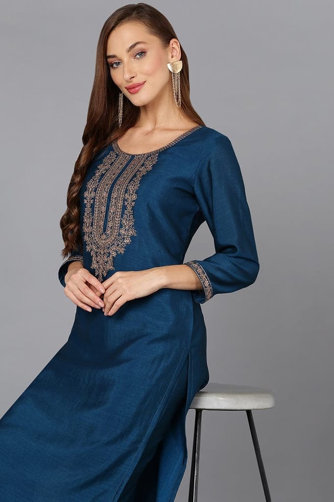 Silk Blend Firozi Embroidered Kurta With Pant VKSET1429 view 2