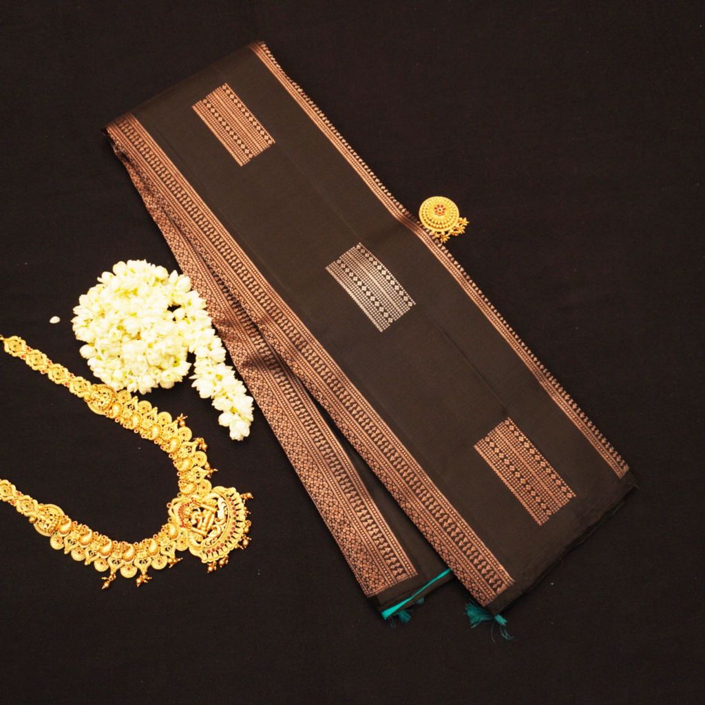 Borderless Kanchipuram Silk Saree in Black with Copper Zari view 2