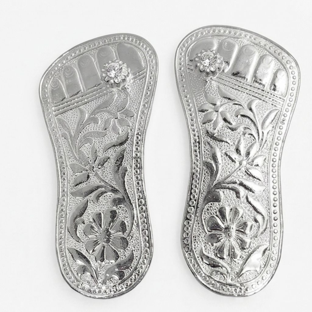 Pure Silver Lakshmi Charan Paduka (Pair) | Engraved Floral Design Pooja Feet | Auspicious Wealth & Prosperity Symbol for Home Temple & Diwali view 2