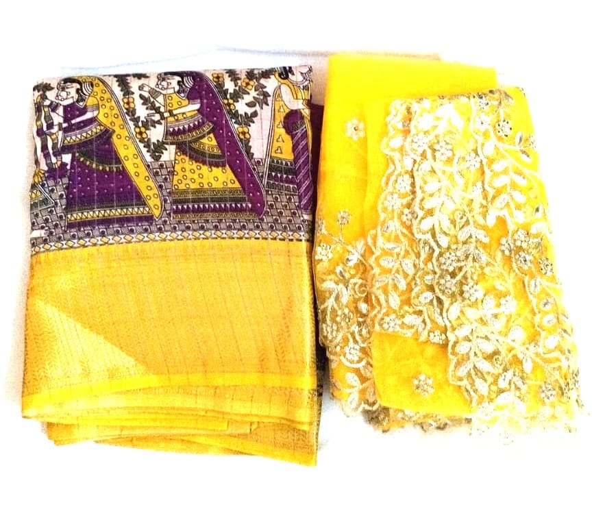 Yellow and Purple Saree with Blouse Piece and Net Dupatta view 2