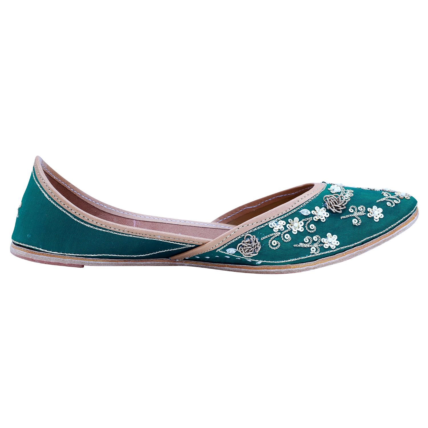RSK ETHNIC WEAR, Green Color Embroidered Handmade Jutti for Women with Soft Leather and Double Cushion view 2