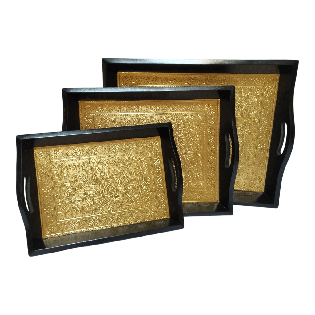 Wooden Brass Serving Tray Set of 3 view 2