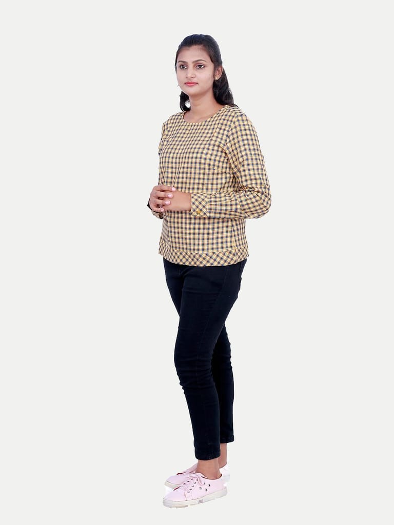 Women Beige Gingham Print Top view 2