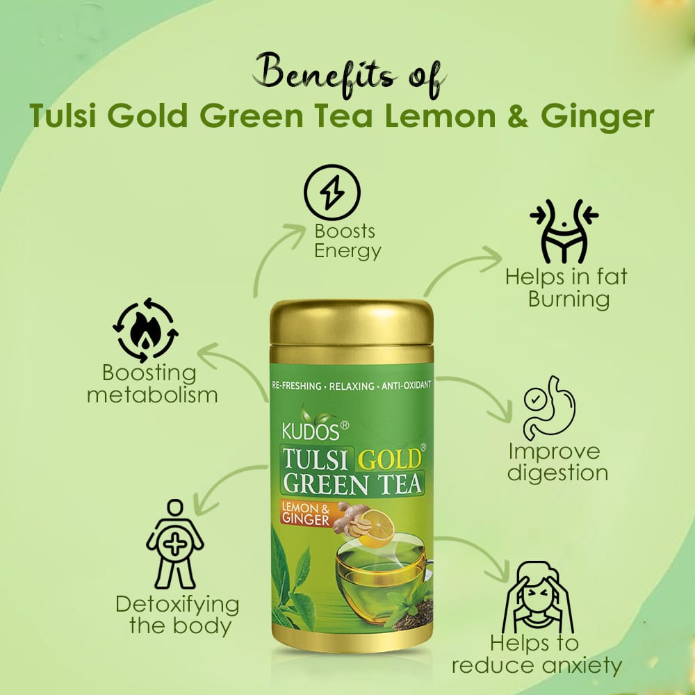 Kudos Tulsi Gold Green Tea With Lemon & Ginger | 100Gm | Pack of 2 view 2