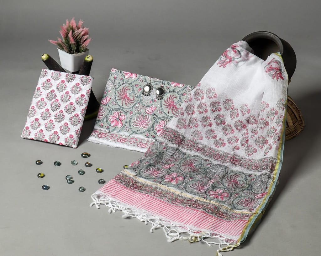 Shalvi's Hand Block Print Pure Cotton Suit Material with Kota Doria Dupatta (3CKD377) view 2