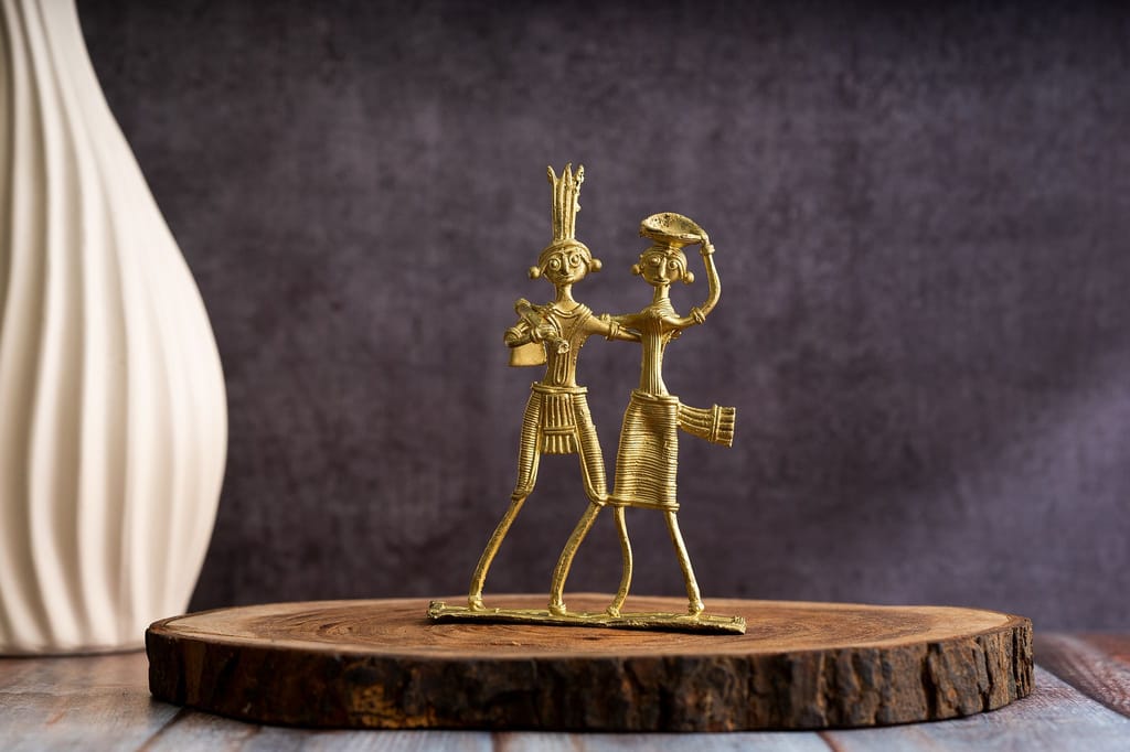 SOWPEACE Handcrafted dhokra Art Dokra Couple “You, Me, Gold and We!” Brass showpiece, Premium Artisan Made Tabletop Home Decor for Living R view 2