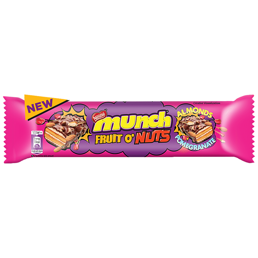 Nestle Munch, Fruit O' Nuts Chocolate Coated Crunchy Wafer Bar, Almond & Pomegranate, 32 G view 2