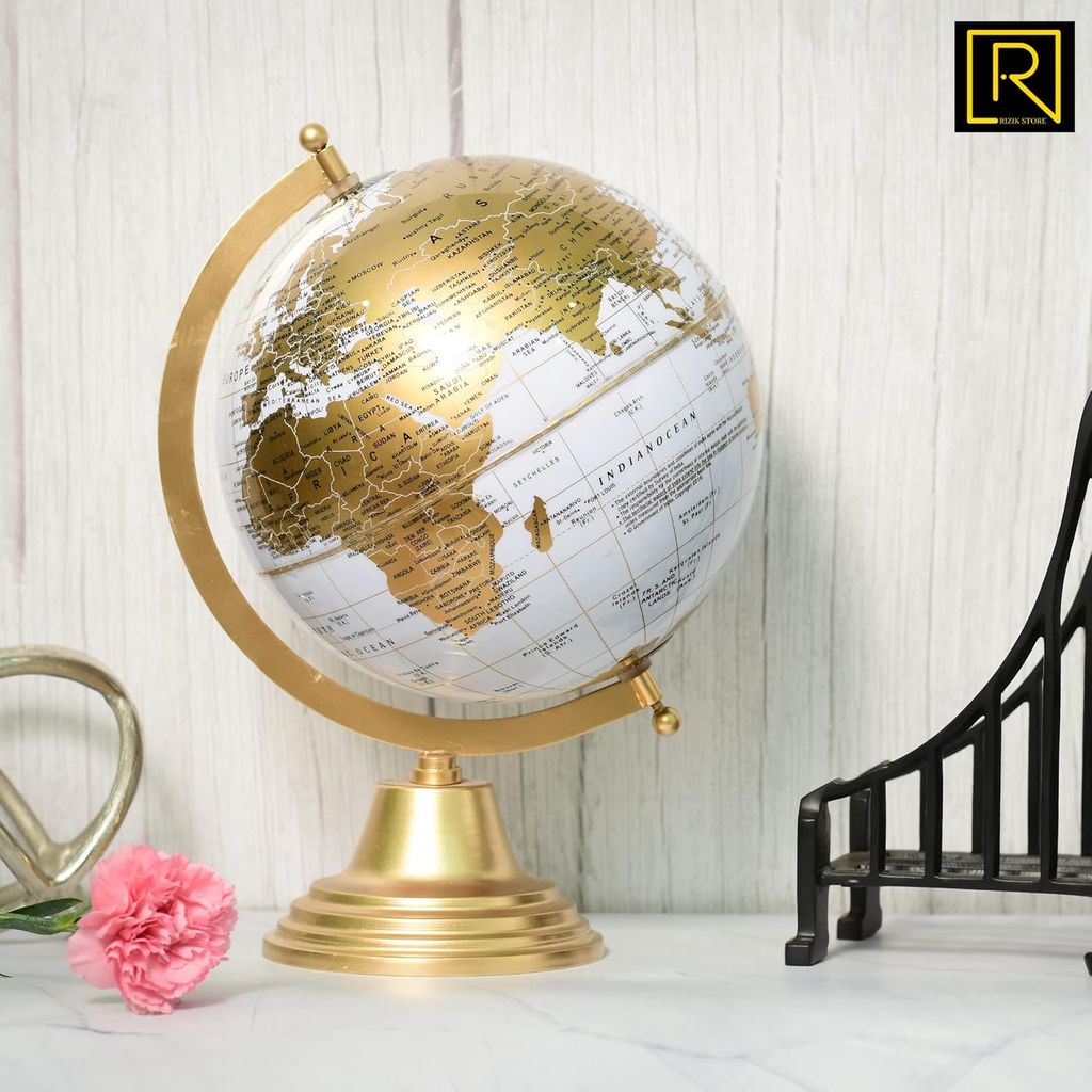 Shri Baba Art - Educational World Globe With Heavy Metal Arc And Base/Home Decor/Political Globe/Office Globe/Globes For Kids & Students (8" White Gold)