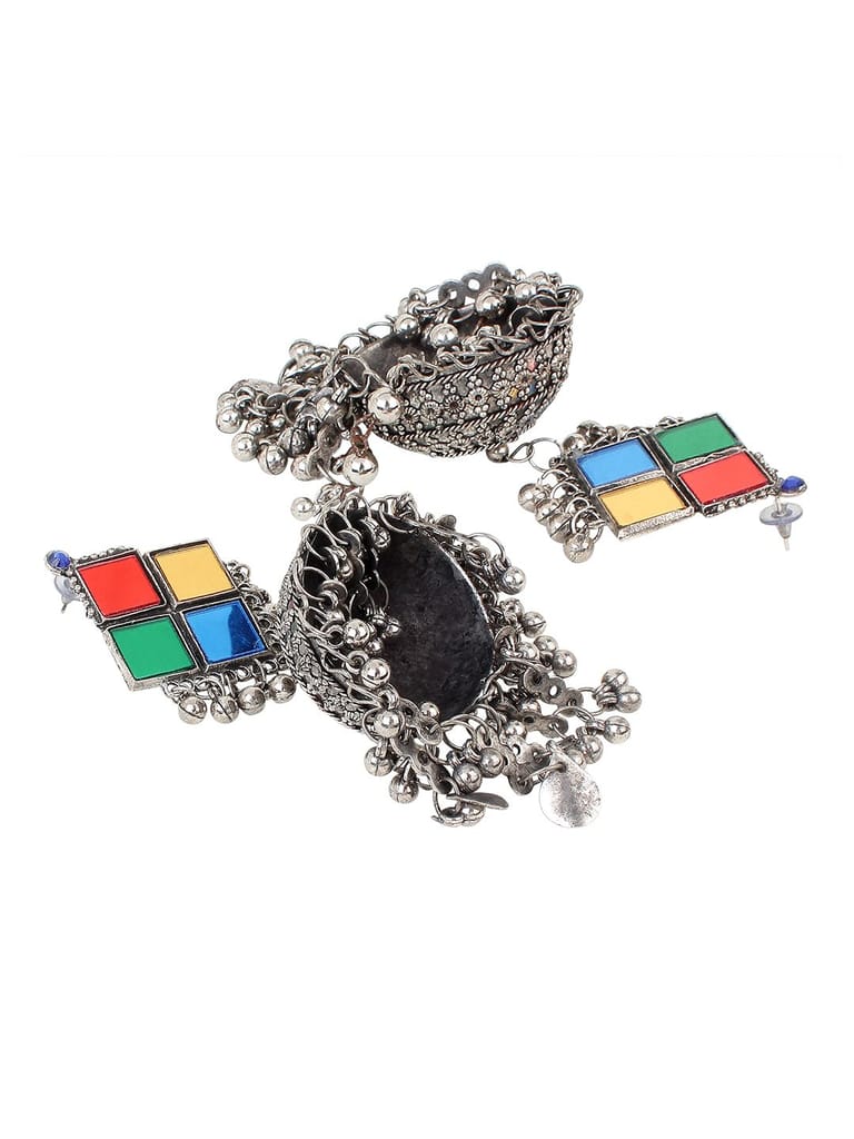 Cardinal Oxiidzed Silver Color Multicolor Stone Jhumka Earrings view 2