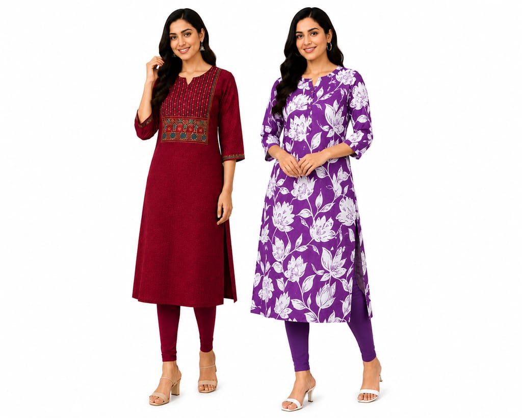 Women's Ethnic Cotton Blend Kurti Combo Pack of 2 – Floral Print & Embroidery