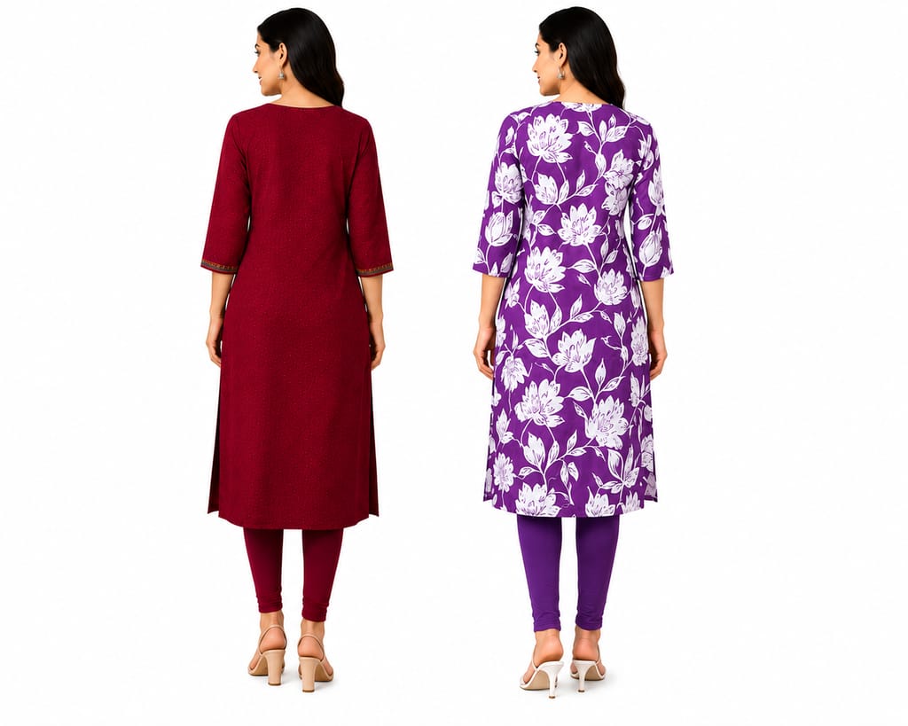Women's Ethnic Cotton Blend Kurti Combo Pack of 2 – Floral Print & Embroidery view 2