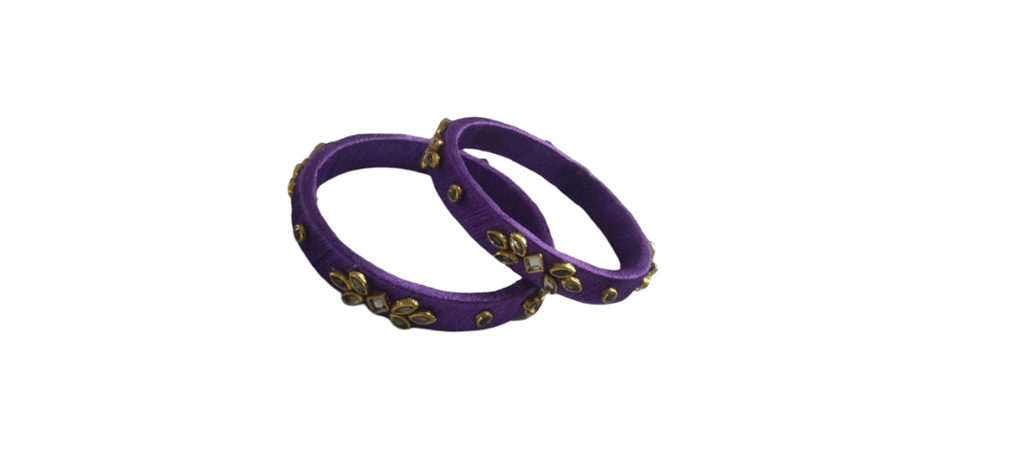 Purple Silk Thread Bangle with Golden Leaf Design & White Stones view 2