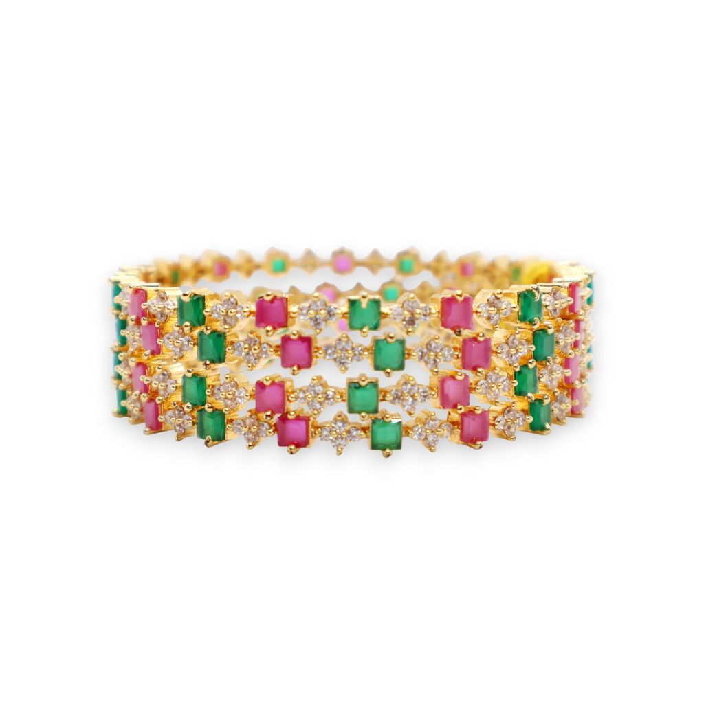 Traditional Gold-Plated Bangle with Pink & Black Stone Accents view 2