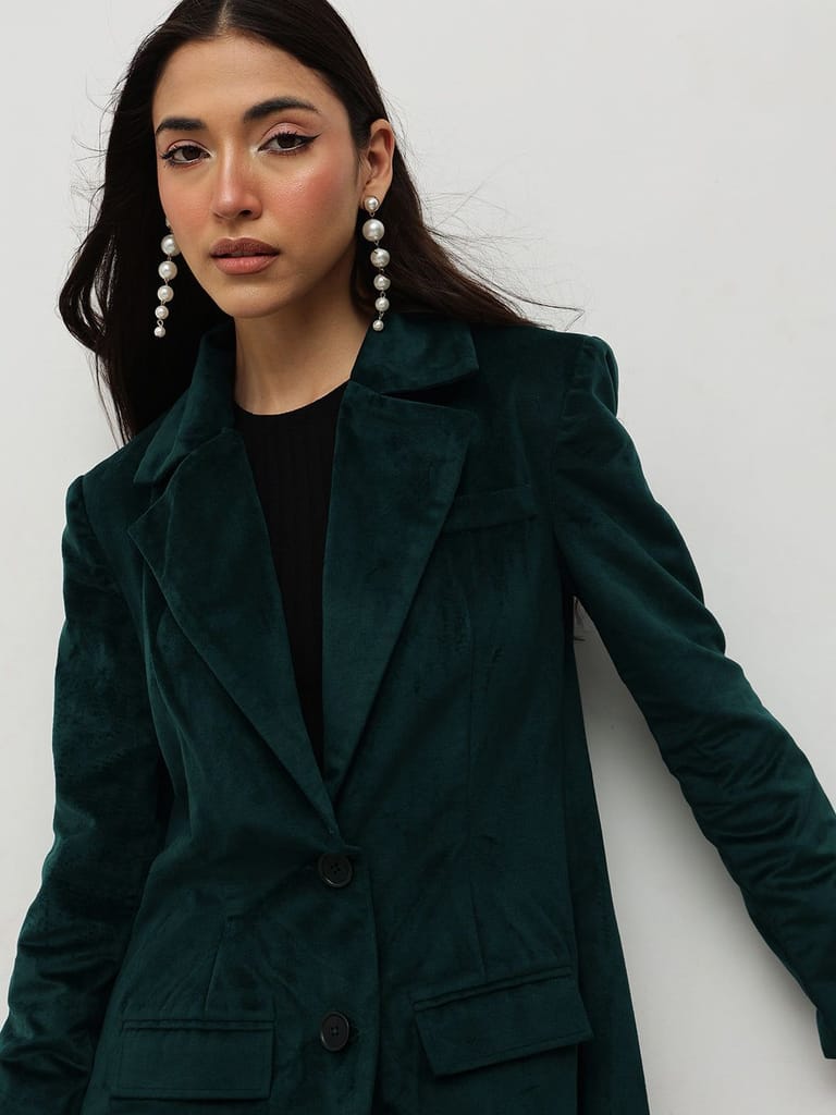 Emerald Green Velvet Trench Coat view 2