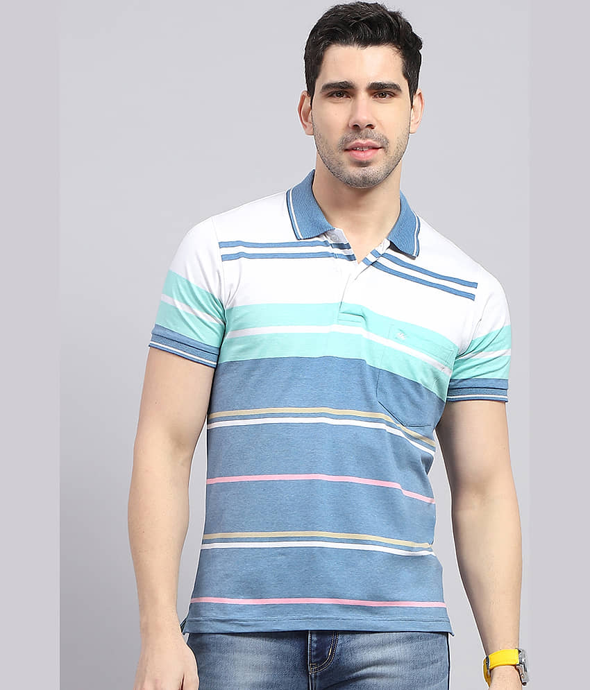 Monte Carlo Cotton Blend Regular Fit Striped Half Sleeves Men's Polo T Shirt - Blue ( Pack of 1 )