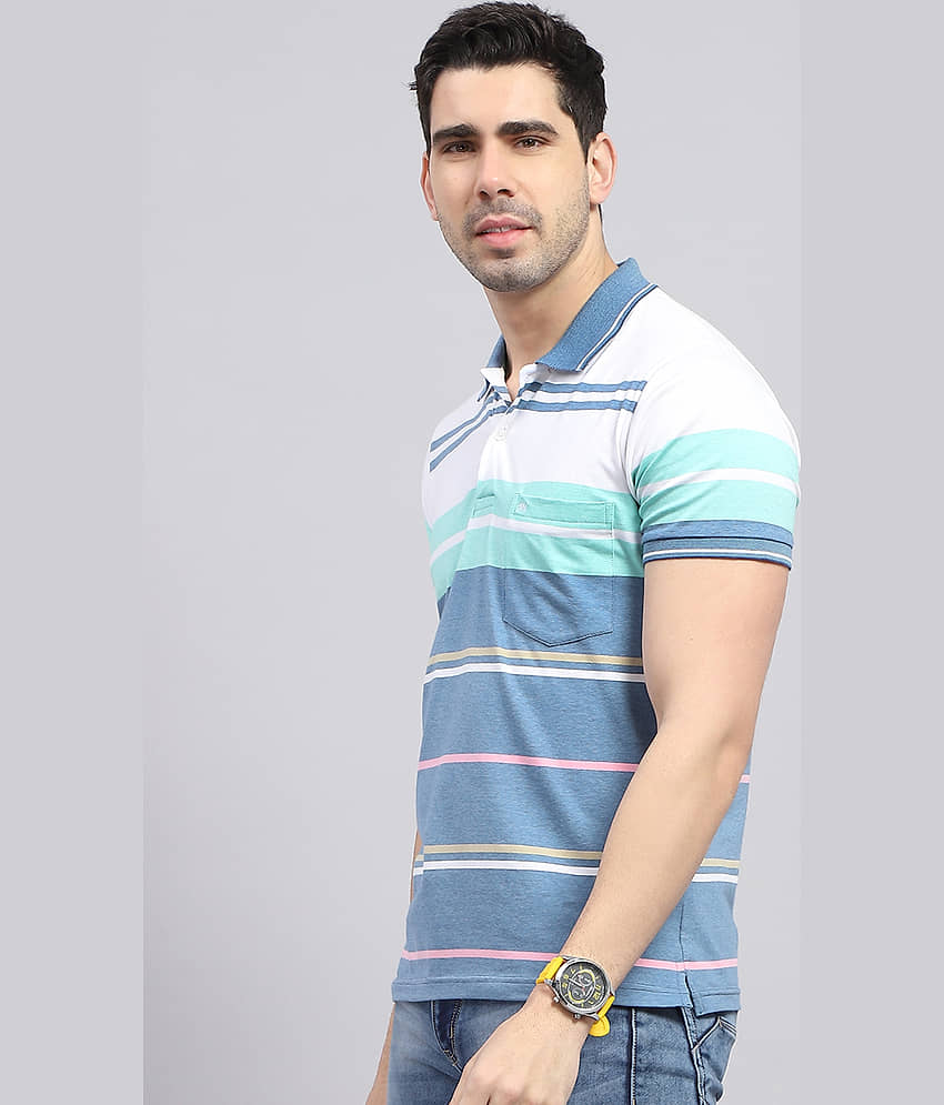 Monte Carlo Cotton Blend Regular Fit Striped Half Sleeves Men's Polo T Shirt - Blue ( Pack of 1 ) view 2