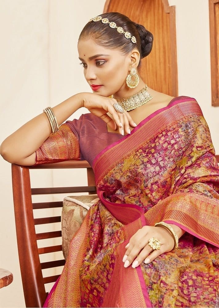 Digital Printed Art Silk Saree in Pink view 2