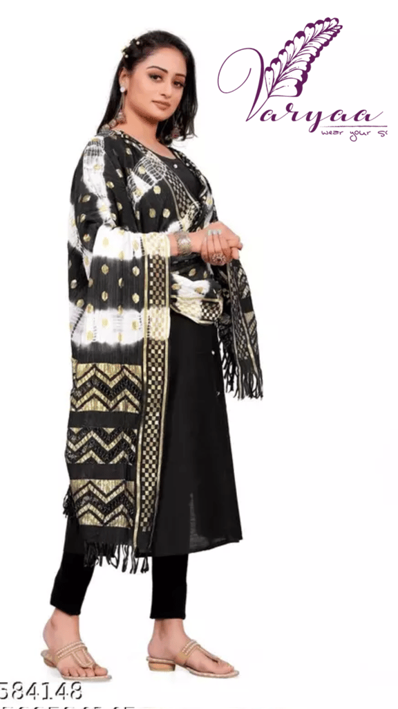 VARYAA DESGINER WOMEN`S ORIGINAL BANDHEJ DYED RUSSLE SILK GOLD ZARI WORK DUPATTA COMBO OF 2 (BLACK::GOLD) view 2