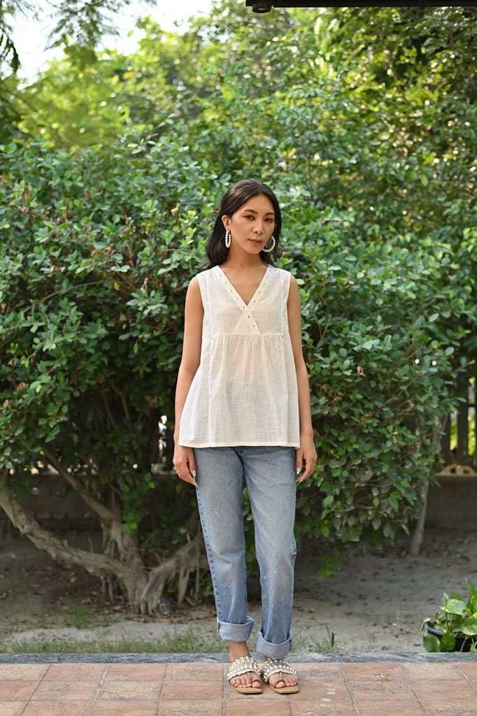 Jasmine Sindhi Hand Embroidered Cotton White Sleeveless Top view 2