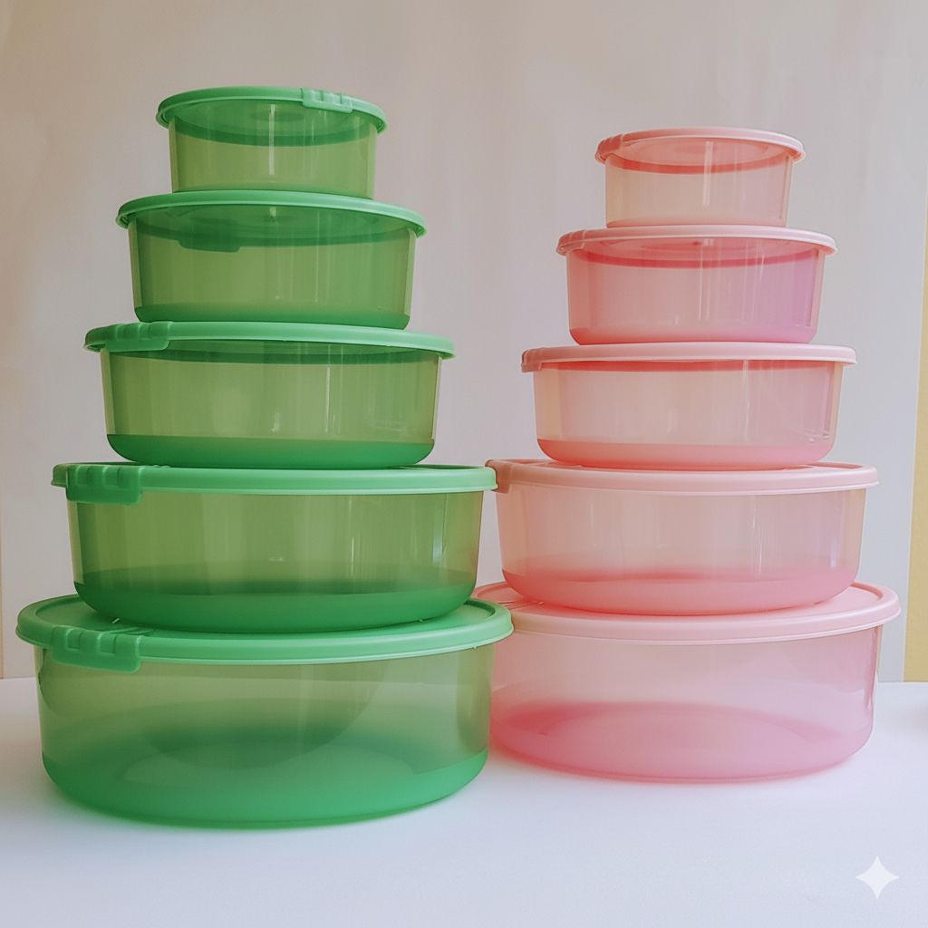Polypropylene Fridge & Kitchen Container Set - 3000 ml, 1850 ml, 1100 ml, 650 ml, 300 ml (Pack of total 10, Pink -5, Green-5)