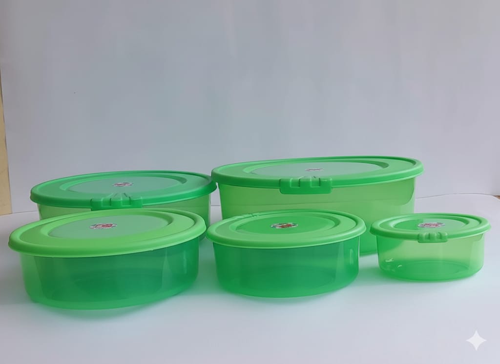 Polypropylene Fridge & Kitchen Container Set - 3000 ml, 1850 ml, 1100 ml, 650 ml, 300 ml (Pack of total 10, Pink -5, Green-5) view 2