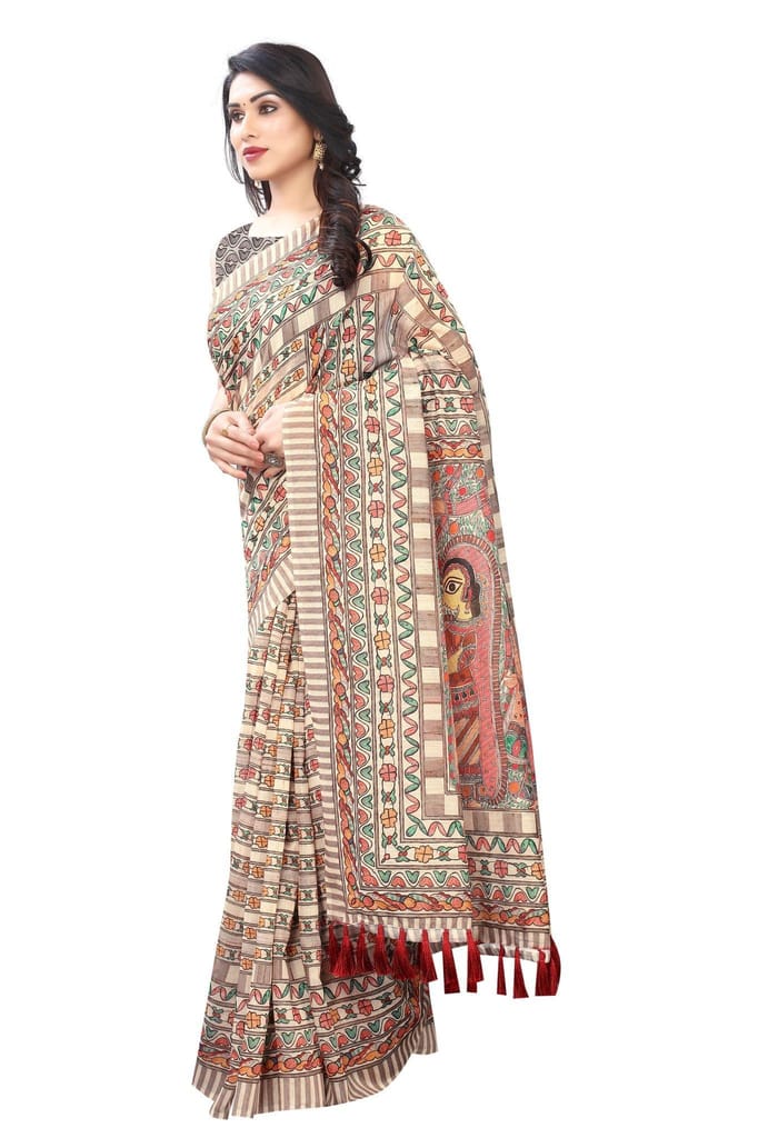 Silk Zone Women's Cotton Digital Printed Tassel Saree with Blouse Piece Green view 2