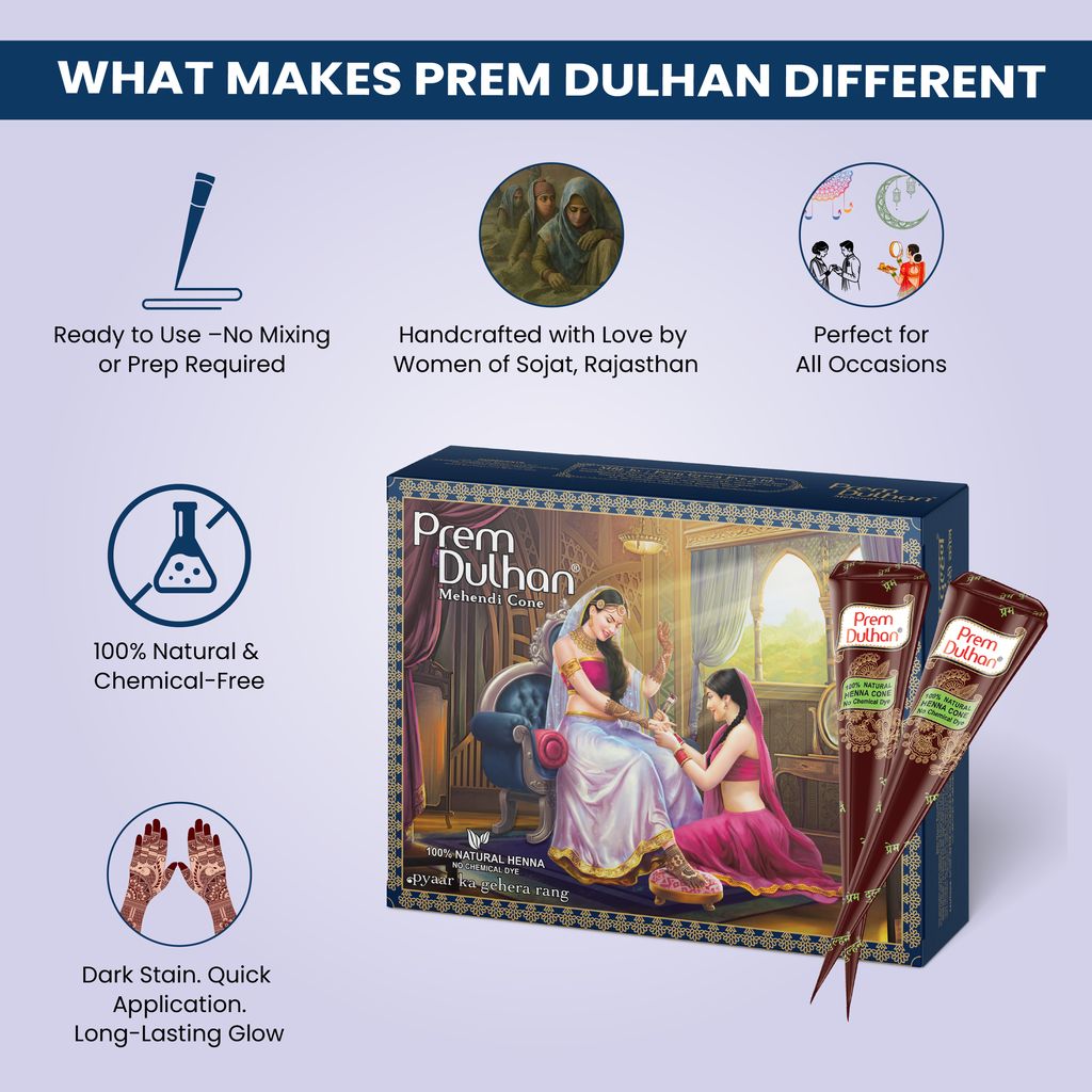 Prem Dulhan Natural Henna Mehandi Cones 12 Pcs Box Mehendi Cones, for Bridal and Festivals, Easy Application, Floral Paisley Blue Box view 2