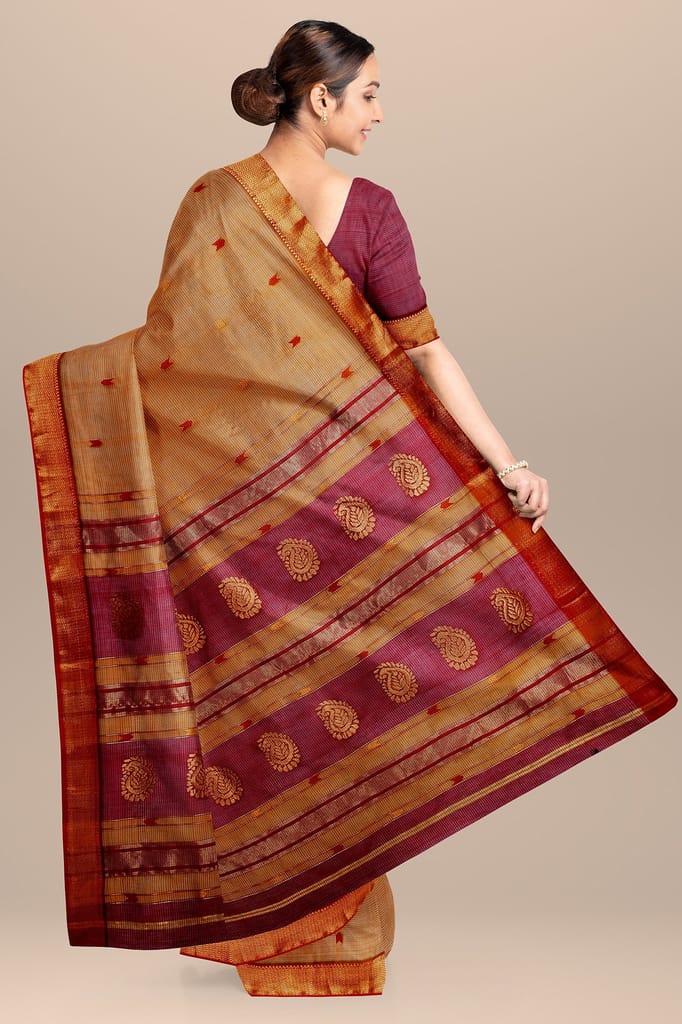 Marigold Yellow Buta Buti Handwoven Sausar Silk with Zari Border Saree SKU- BS10016 view 2
