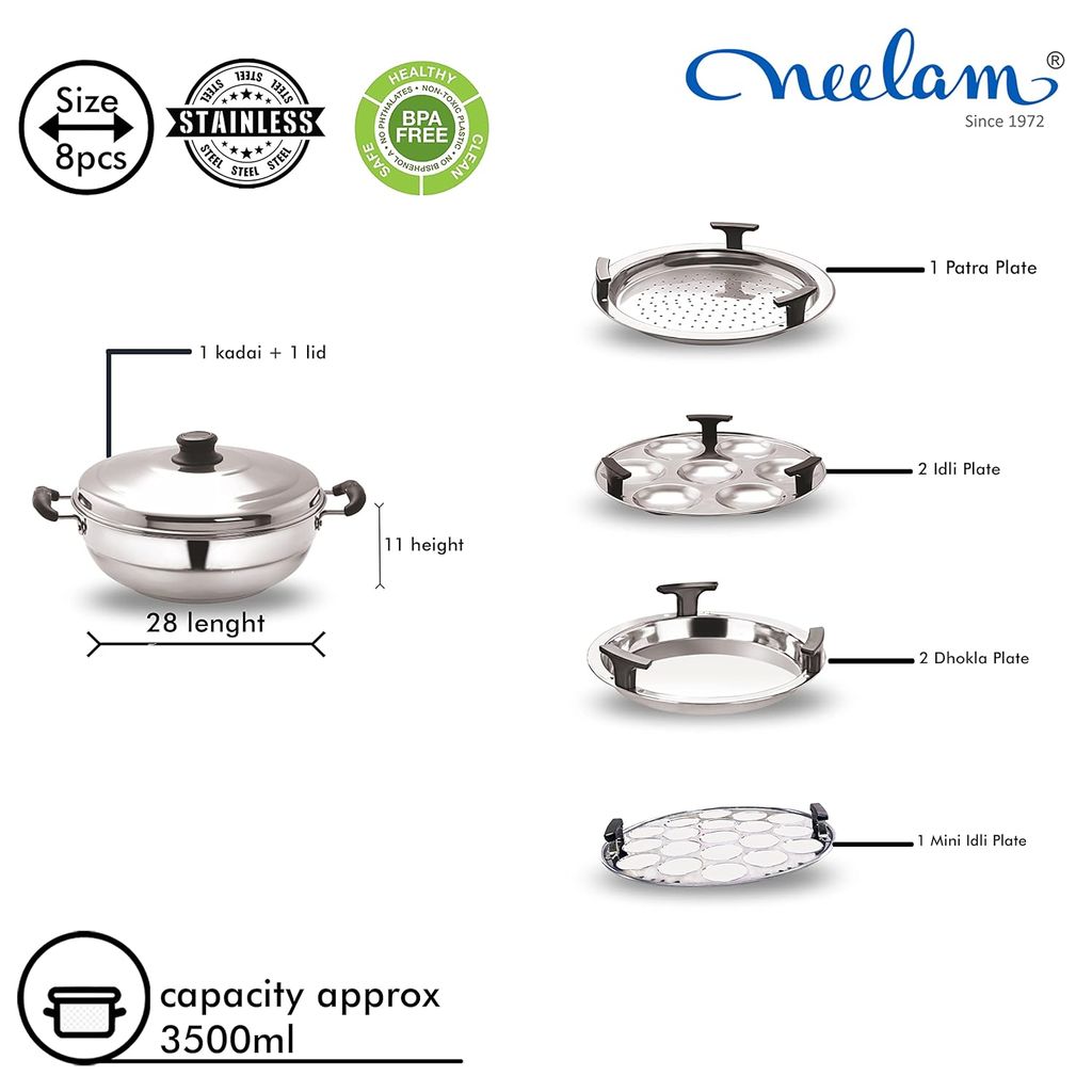 Neelam Stainless Steel Multi Kadai Big Induction Base 3500 ml, Silver | Versatile Cooking Set Including 1 Multi Kadai, 2 Dhokla Plates, 1 Patra Plate, 2 Idli Dishes, 1 Lid | Perfect for Daily Use. view 2