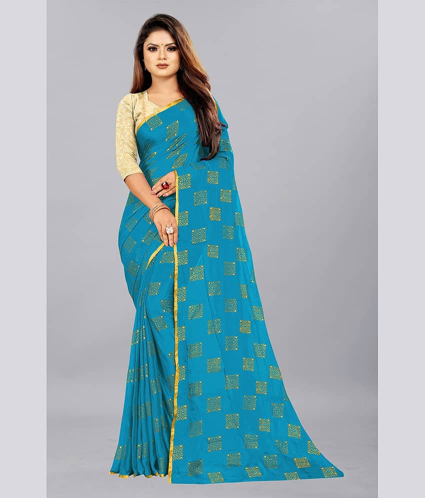 Rhey Chiffon Printed Saree With Unstitched Blouse Piece ( Navy Blue )