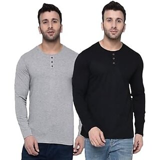 (Pack of 2) Henley Neck Long Sleeve T-Shirts, Black and Grey view 2