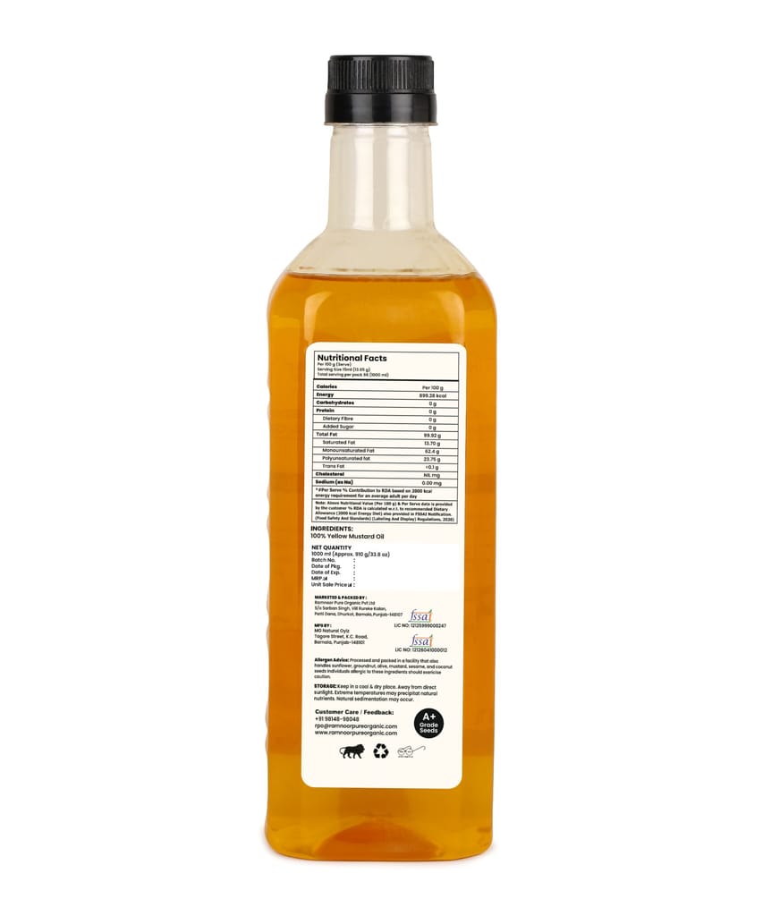 Ramnoor Pure Organic Cold Pressed Yellow Mustard Oil 1L | Kachi Ghani Sarson Tel | Pure & Natural | Strong Aroma Cooking Oil view 2