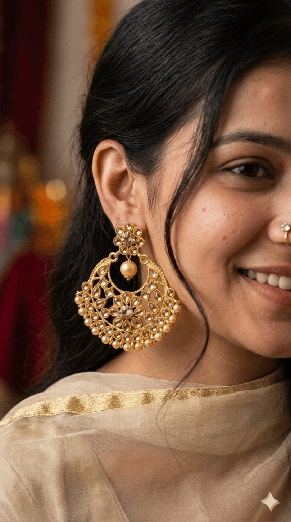 Traditional Gold-Plated Ethnic Chandbali Earrings with Champagne Stones and Pearl Drops for Women view 2