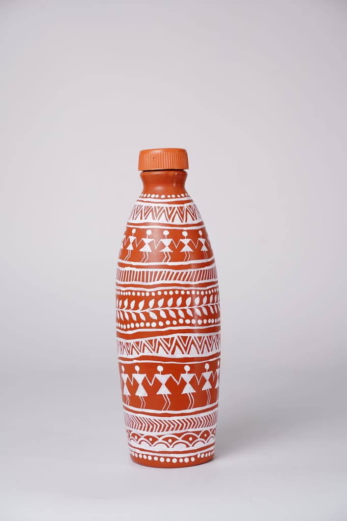 Handmade Clay Water Bottle with Warli Art view 2