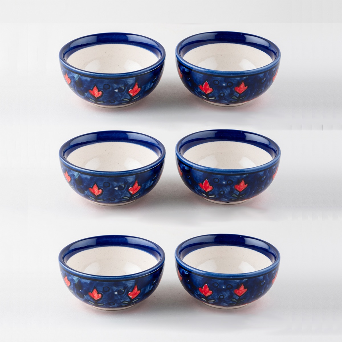 Blue & Red Ceramic Katori Bowl / Portion Bowl Set of 6 (220 ML)